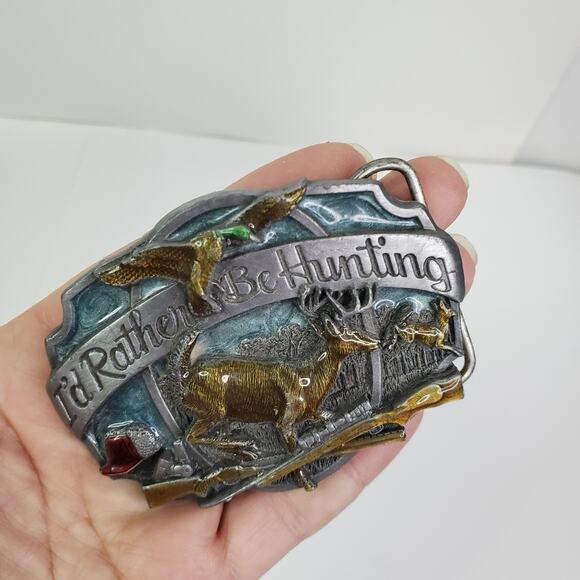 Vtg Siskiyou Belt Buckle I'd Rather Be Hunting Deer Buck Duck Rifle Guns 1987 3" - Picture 8 of 12
